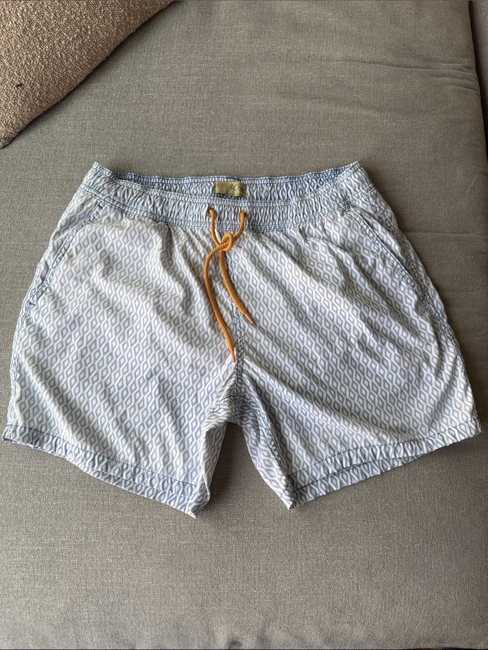 J.Crew Men’s Swim Trunks Blue White Geometric Print Yellow Drawstring